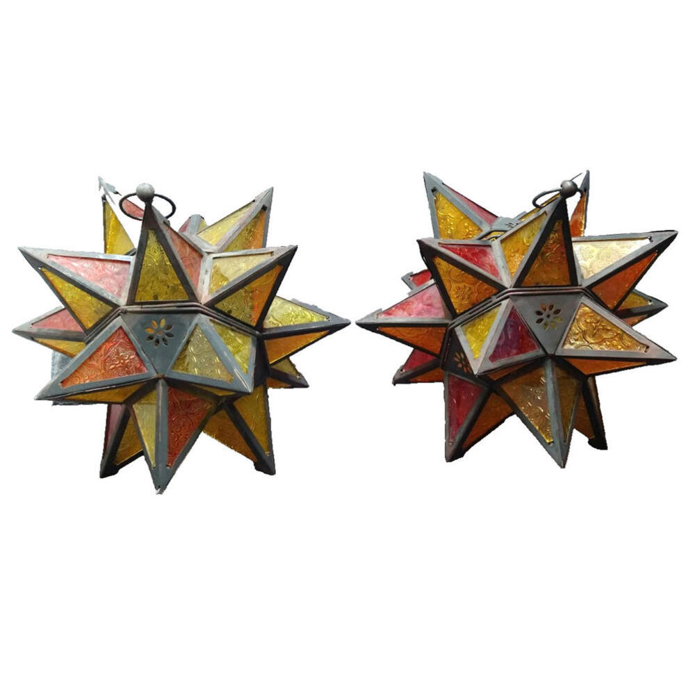 Moroccan Moravian Stained Glass 14" Star Hanging Tealight Candle Holder 2PC Set